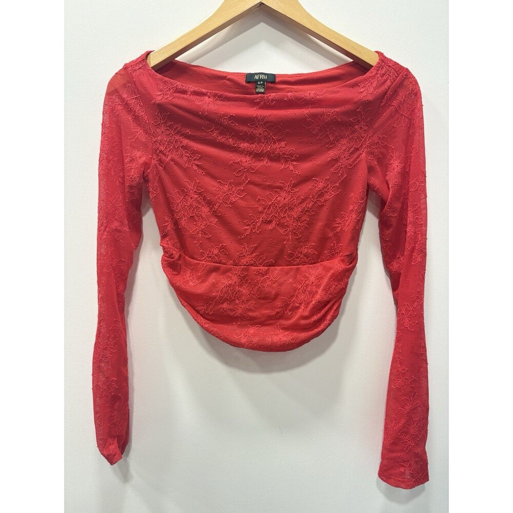AFRM Womens Small Red Floral Lace Long Sleeve Crop Top Ruched Sheer Party Y2K